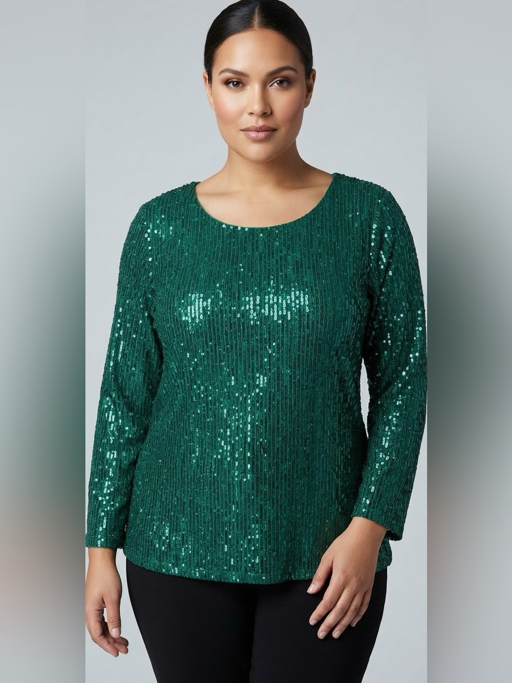 Ashley Stewart Sequined Long-Sleeve Scoop Neck Top - Emerald Green